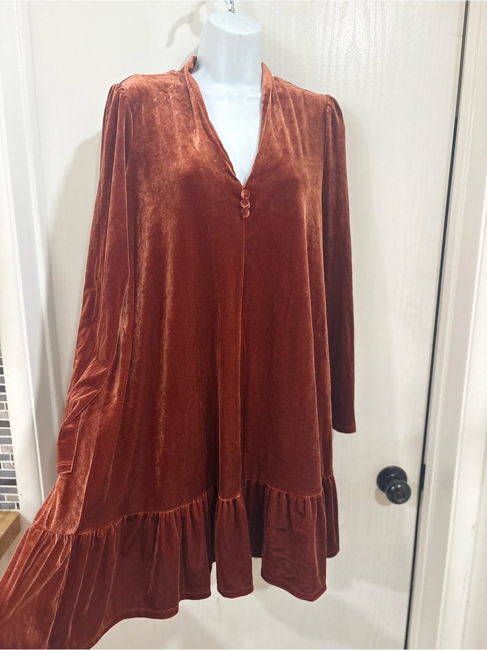 Taylor Burnt Orange Velvet Long Sleeve Ruffle-Hem Dress